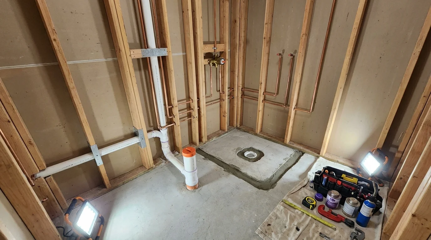 Bathroom rough-in plumbing during remodel by Johns Plumbing LLC in Ware