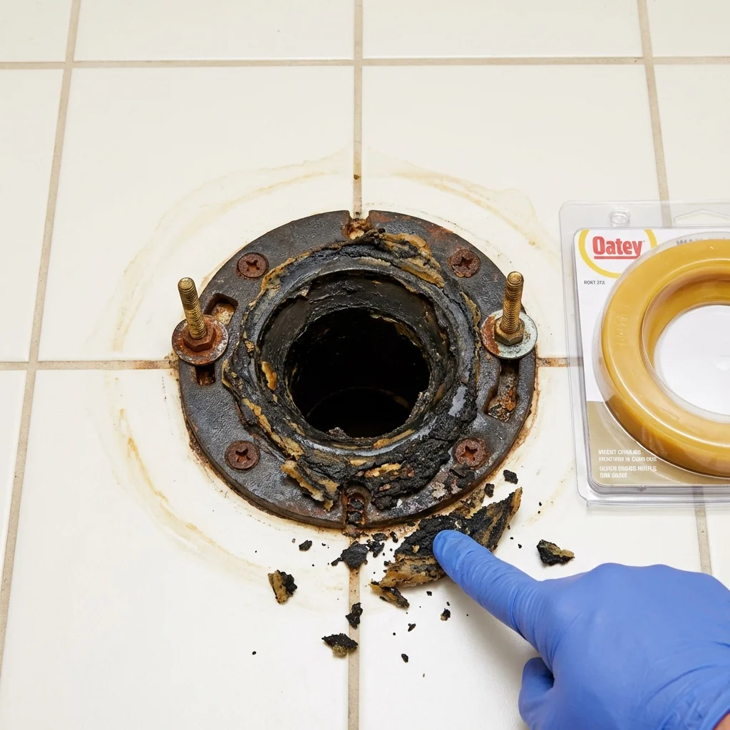 Failed wax ring showing water seepage at the base of a toilet in a Ware, MA home